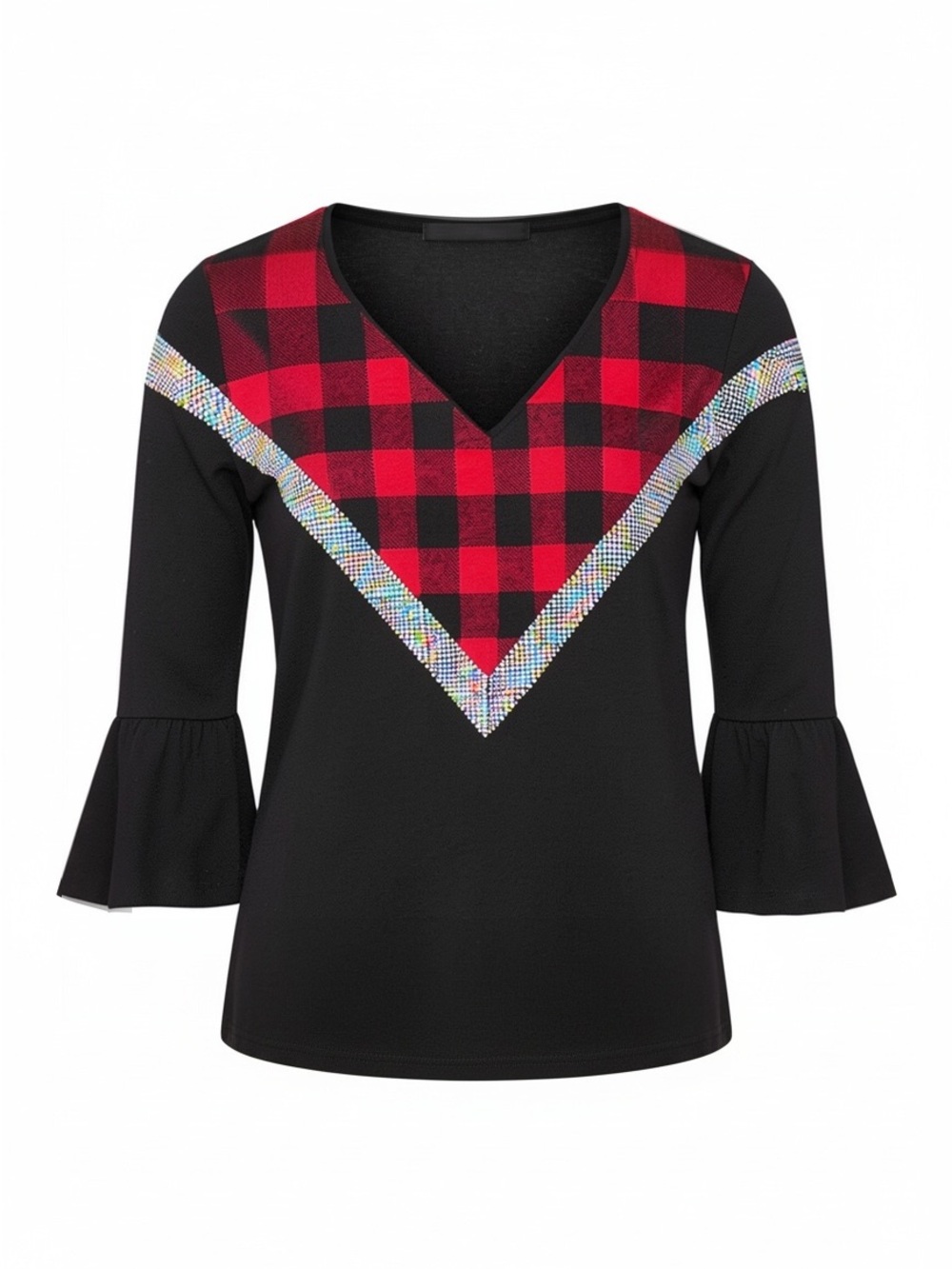 Lily Black Top with Red Buffalo Plaid V-Panel and Rhinestone Trim - Size Medium